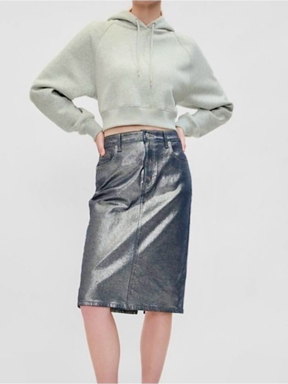 GAP Y2K Denim Metallic Shine Midi Skirt
